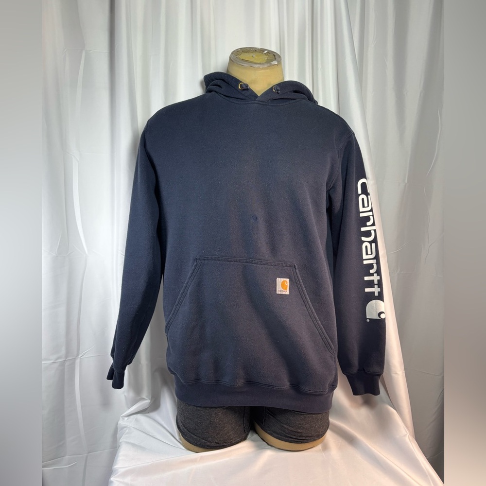 Carhartt Men's Loose Fit Logo Graphic Hooded Sweatshirt Navy Blue Medium